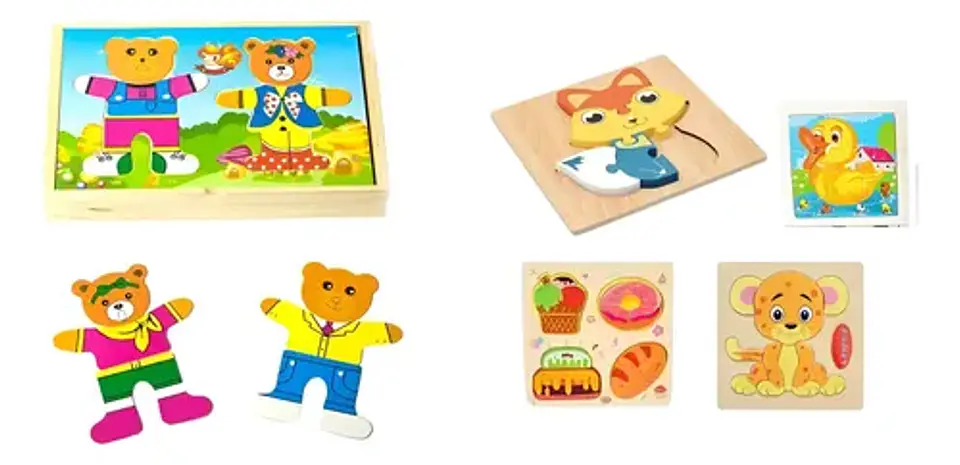 Kit Montessori: Puzzle Encaje Vestir Osos Madera + Set 4 Rompecabezas Madera 1