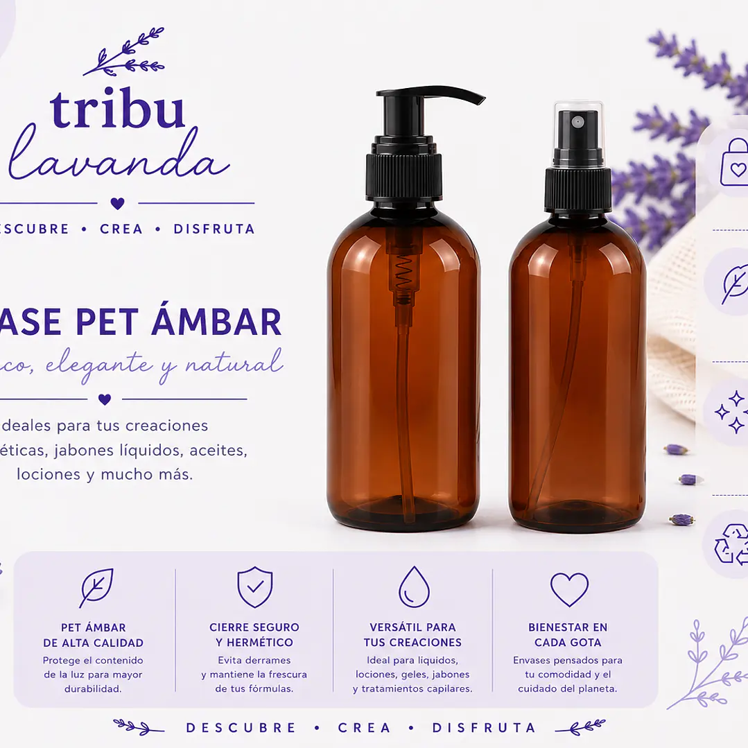 Envase Pet Ámbar de 250 ml Tapa Loción o crema y Spray 1