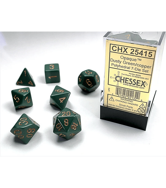 CHESSEX OPAQUE POLYHEDRAL 7-DIE SETS - DUSTY GREEN W/GOLD