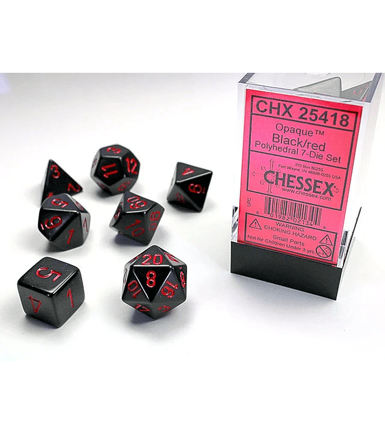 CHESSEX OPAQUE POLYHEDRAL 7-DIE SETS - BLACK W/RED
