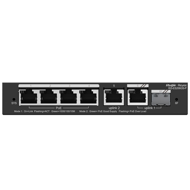 Switch gerenciável inteligente Reyee com 6 portas Gigabit, 4 portas PoE de 54 W e 1 porta SFP combinada | RG-ES206GS-P 1