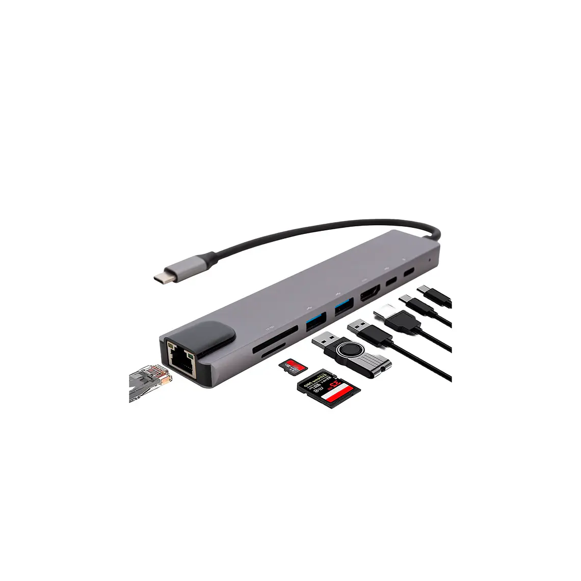 Hub Multifuncional Type-C para HDTV – 5 em 1 com HDMI, PD, 2×USB, Type-C, SD, TF e LAN  2