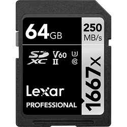 Lexar 64GB Professional 1667x UHS-II U3 SDXC V60 250MB/S Tarjeta de Memoria 4K