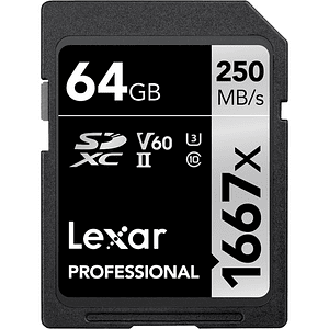 Lexar 64GB Professional 1667x UHS-II U3 SDXC V60 250MB/S Tarjeta de Memoria 4K