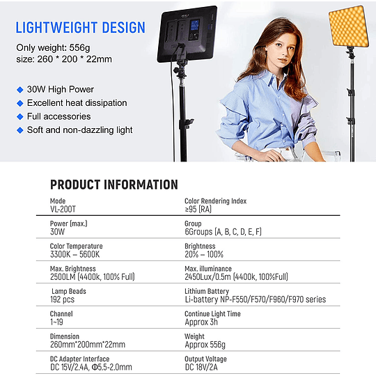 Viltrox VL-200 Bi-2 Kit de 2 Panel Led 30W/2450Lux Regulable 3300K-5600K LED CRI 95+ - Image 4