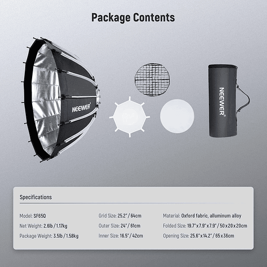 Neewer Softbox Parabólico 65cm Liberación Rápida con Grid / 10101630 - Image 8