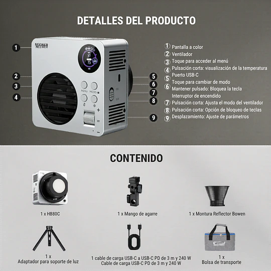Neewer Luz LED RGB Portátil con Batería y Montura Bowens COB 80W / 10106634EU - Image 9