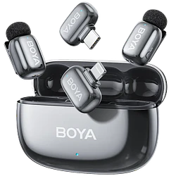 Boya BOYAMINI 2-01 Sistema de Micrófono Inalámbrico para 2 Personas Lightning y USB-C con Caja de Carga, Lunar Silver (Brillante)