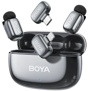Boya BOYAMINI 2-01 Sistema de Micrófono Inalámbrico para 2 Personas Lightning y USB-C con Caja de Carga, Lunar Silver (Brillante)