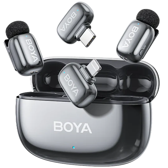 Boya BOYAMINI 2-01 Sistema de Micrófono Inalámbrico para 2 Personas Lightning y USB-C con Caja de Carga, Lunar Silver (Brillante) - Image 1