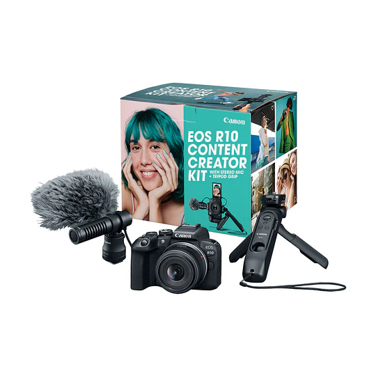 Canon EOS R10 Content Creator Kit Cámara Mirrorless con Lente RF-S 18-45mm, Micrófono DM-E1D y Trípode / 5331C079