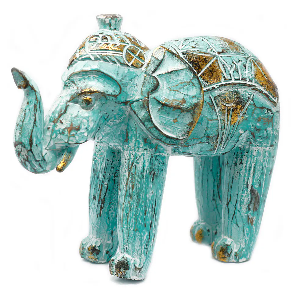 Elefante Esculpido em Madeira Albasia - Ouro Turquesa 1