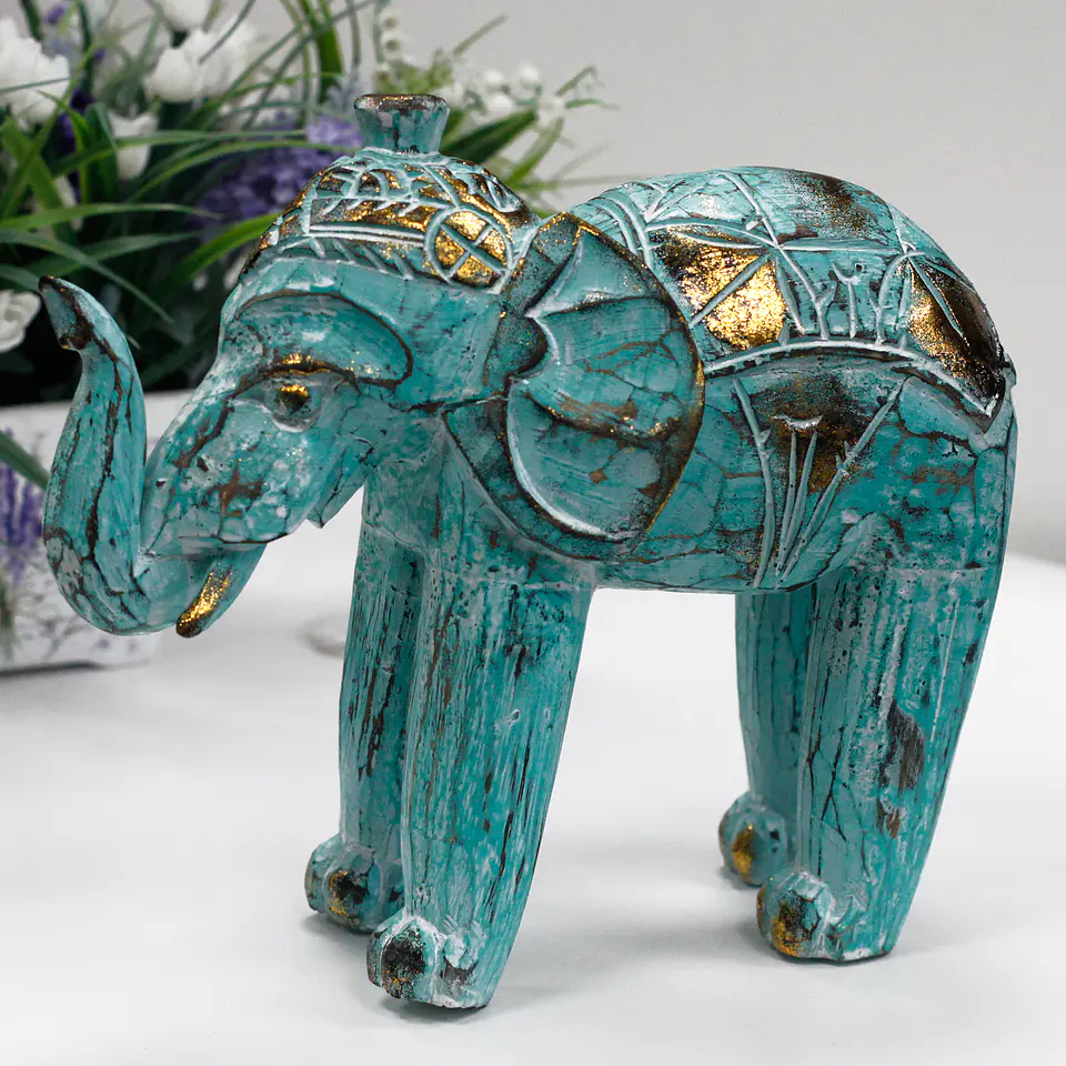 Elefante Esculpido em Madeira Albasia - Ouro Turquesa 2