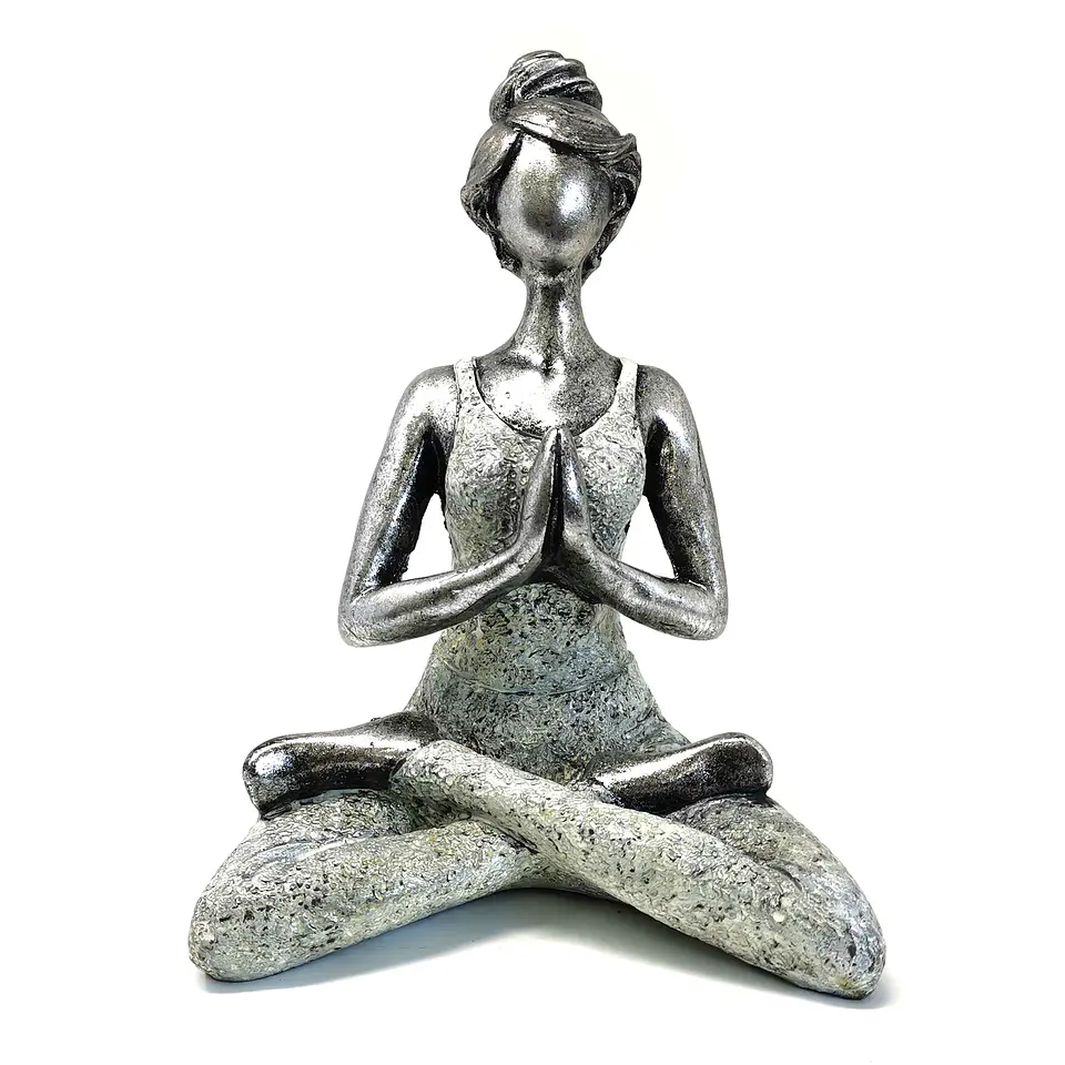Escultura Artesanal Yoga Lady em Resina - Prata e Branco 24cm 1