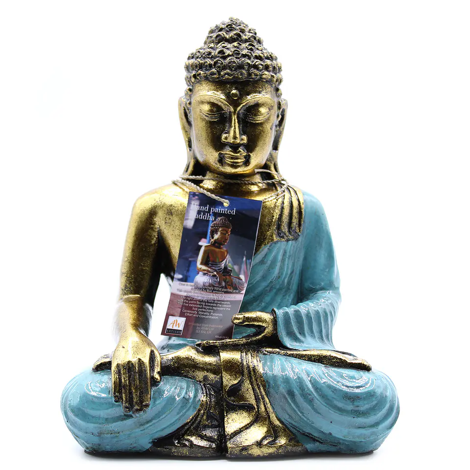 Estátua Buda Artesanal em Resina - Azul-petróleo e Ouro 1