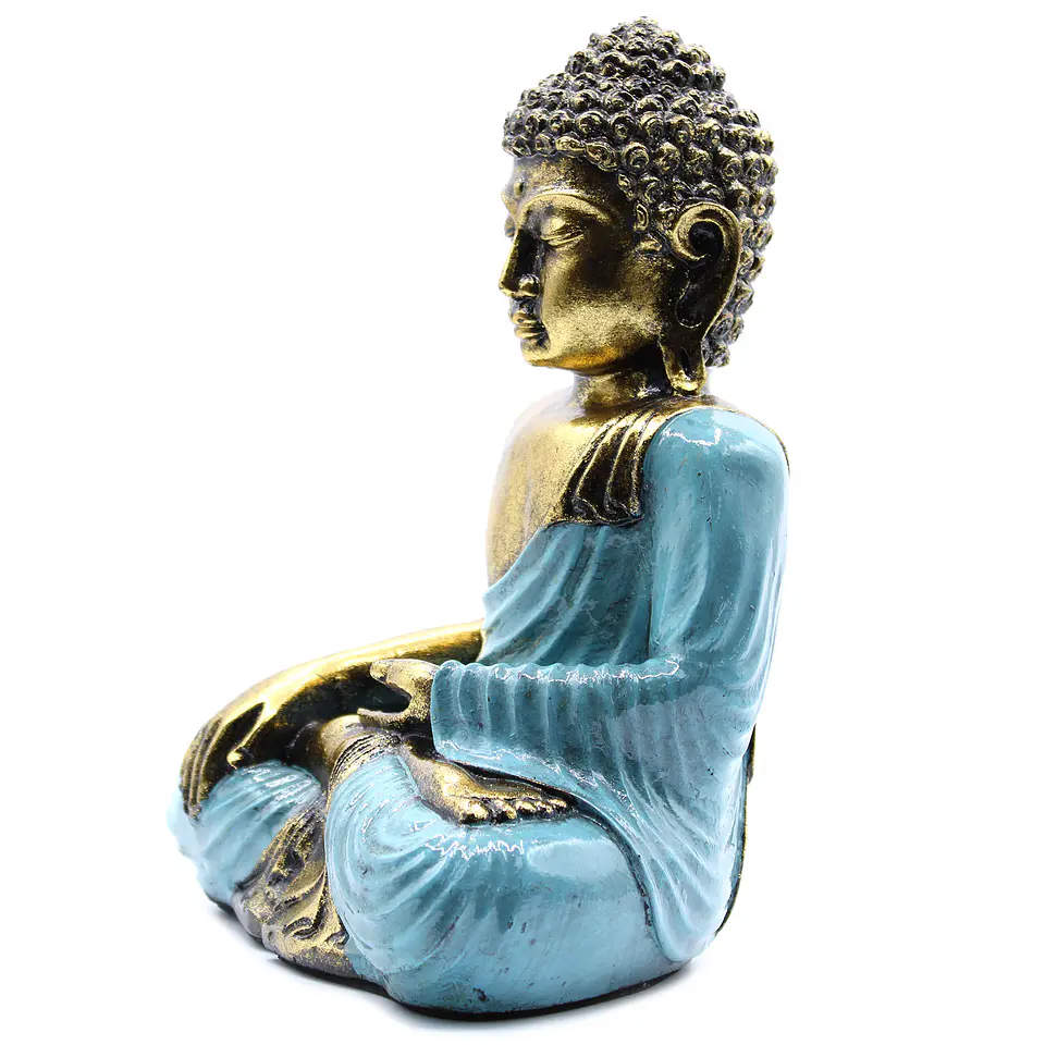 Estátua Buda Artesanal em Resina - Azul-petróleo e Ouro 3