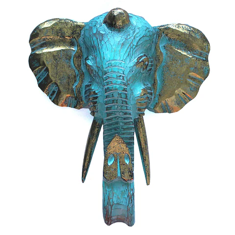 Cabeça de Elefante Madeira Albasia - Dourada e Turquesa