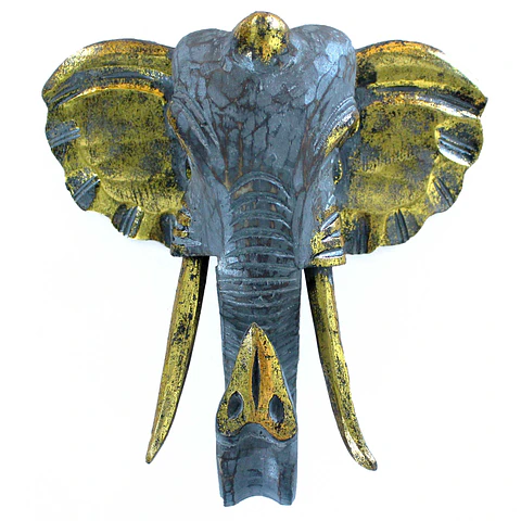 Cabeça de Elefante Madeira Albasia – Ouro e Cinzento