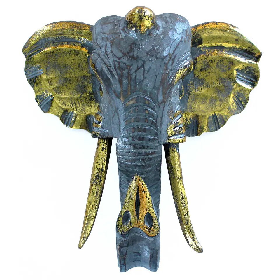 Cabeça de Elefante Madeira Albasia – Ouro e Cinzento 1