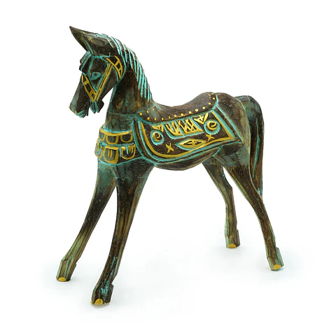 Cavalo em Madeira Albasia - Dourado e Turquesa 32 cm