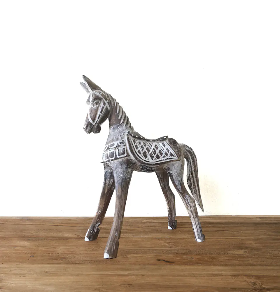 Cavalo Antigo em Madeira Albasia - 32 cm 2