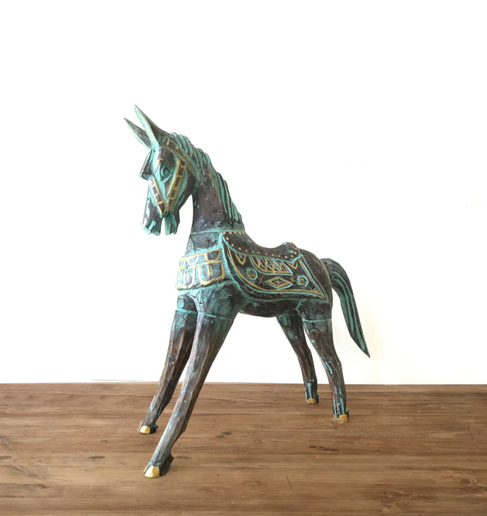 Cavalo em Madeira Albasia - Dourado e Turquesa 32 cm 2