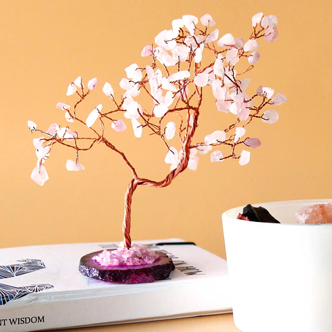Grande Árvore Quartzo Rosa com base de Ágata Rosa (100 pedras)