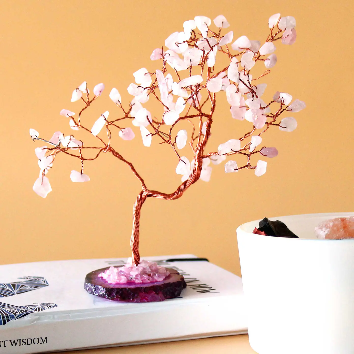 Grande Árvore Quartzo Rosa com base de Ágata Rosa (100 pedras) 1