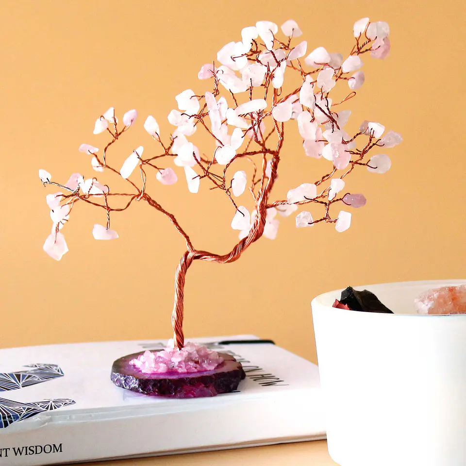 Grande Árvore Quartzo Rosa com base de Ágata Rosa (100 pedras) 1