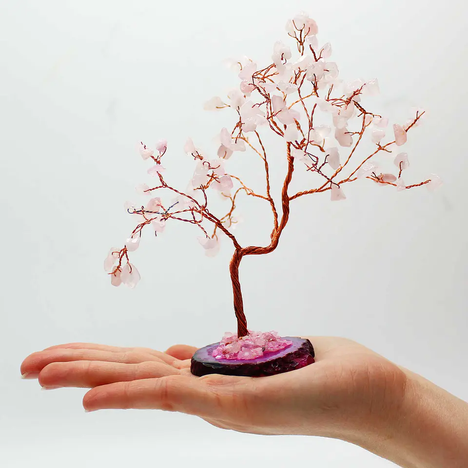 Grande Árvore Quartzo Rosa com base de Ágata Rosa (100 pedras) 2