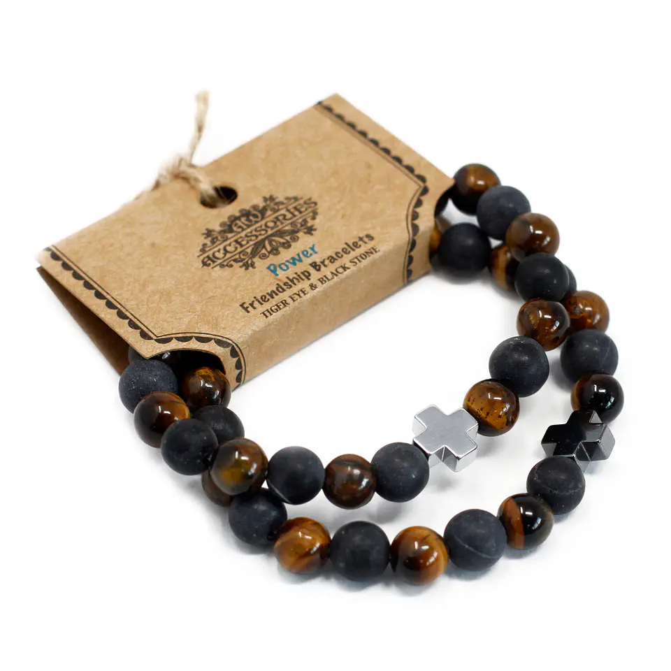 2x Pulseiras com Olho de Tigre e Pedra Negra - Força 1