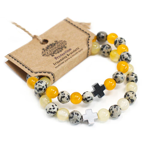 2x Pulseiras com Jaspe Dálmata e Jade Amarela - Proteção