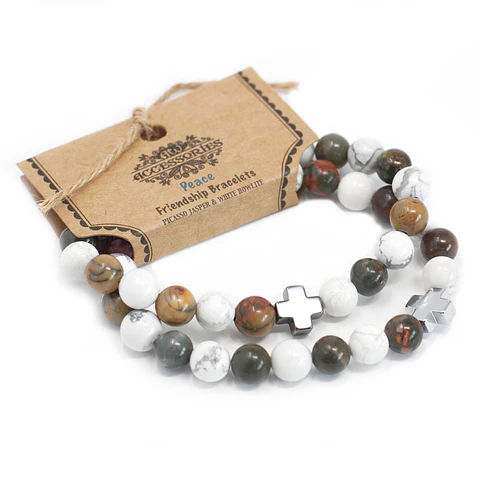 2x Pulseiras com Jaspe Picasso e Howlite Branca - Paz
