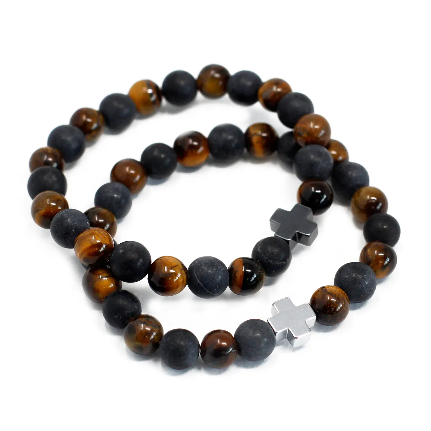 2x Pulseiras com Olho de Tigre e Pedra Negra - Força 2