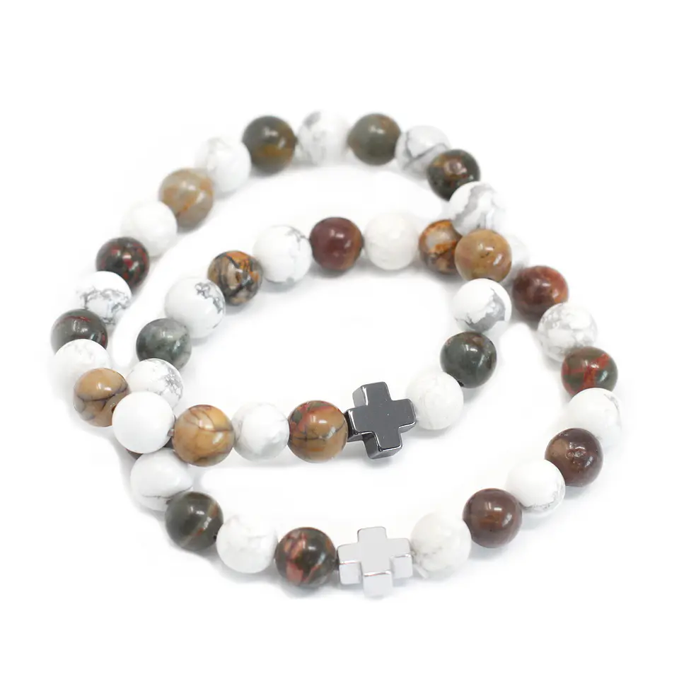 2x Pulseiras com Jaspe Picasso e Howlite Branca - Paz 2