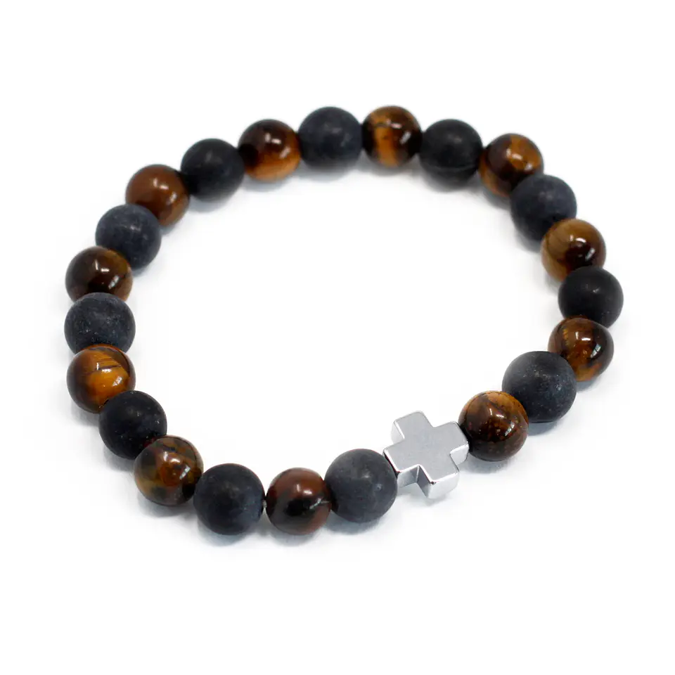 2x Pulseiras com Olho de Tigre e Pedra Negra - Força 3
