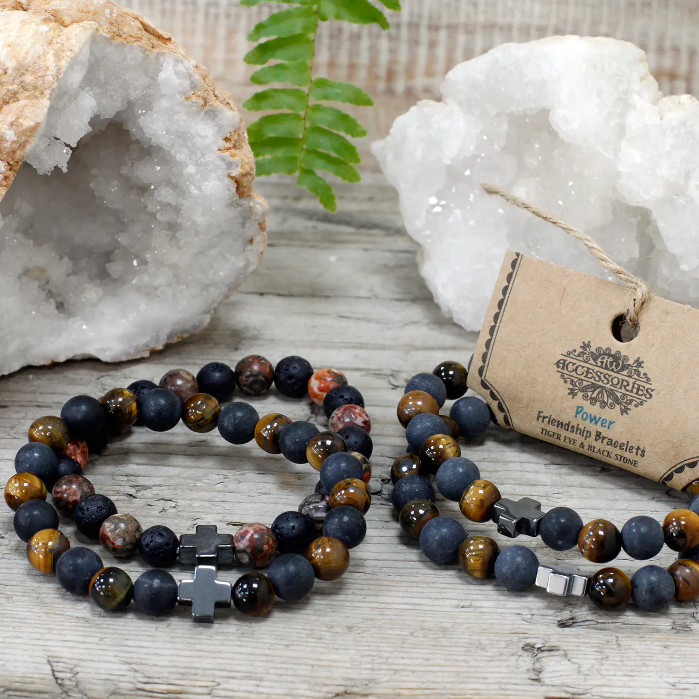 2x Pulseiras com Olho de Tigre e Pedra Negra - Força 4