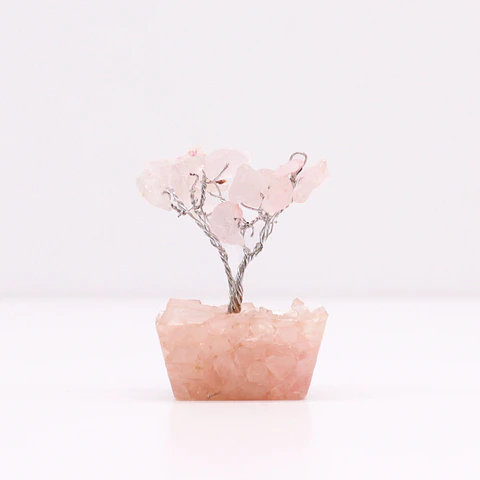 Mini Árvore de Pedras Preciosas sobre Base de Orgonite - Quartzo Rosa (15 Pedras)