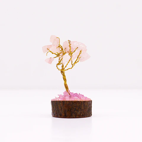 Mini Árvore de Pedras Preciosas em Base de Madeira - Quartzo Rosa (15 Pedras)