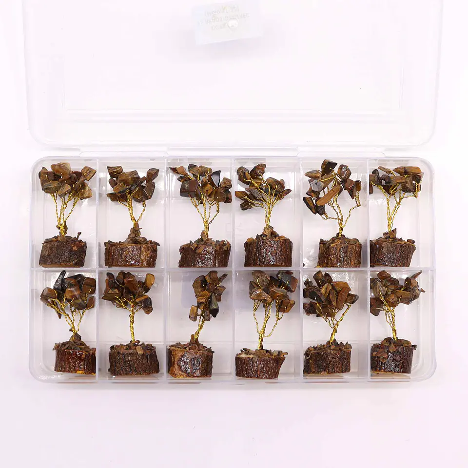 Mini Árvore de Pedras Preciosas em Base de Madeira - Olho de Tigre (15 Pedras) 2