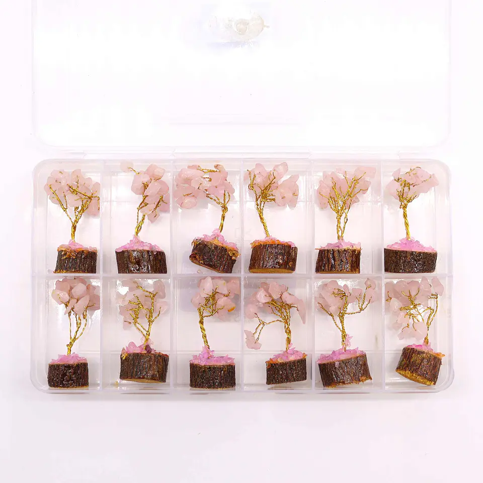 Mini Árvore de Pedras Preciosas em Base de Madeira - Quartzo Rosa (15 Pedras) 2