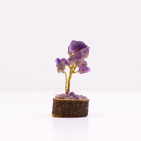 Mini Árvore de Pedras Preciosas em Base de Madeira - Ametista (15 Pedras)