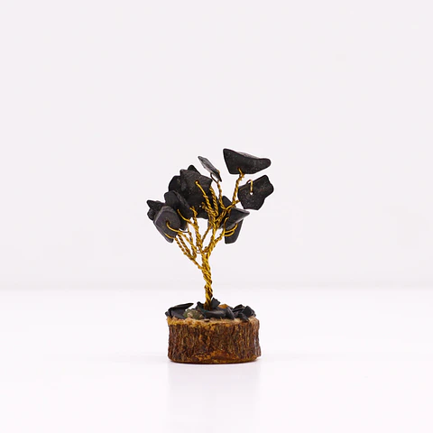 Mini Árvore de Pedras Preciosas em Base de Madeira - Ágata Negra (15 Pedras)