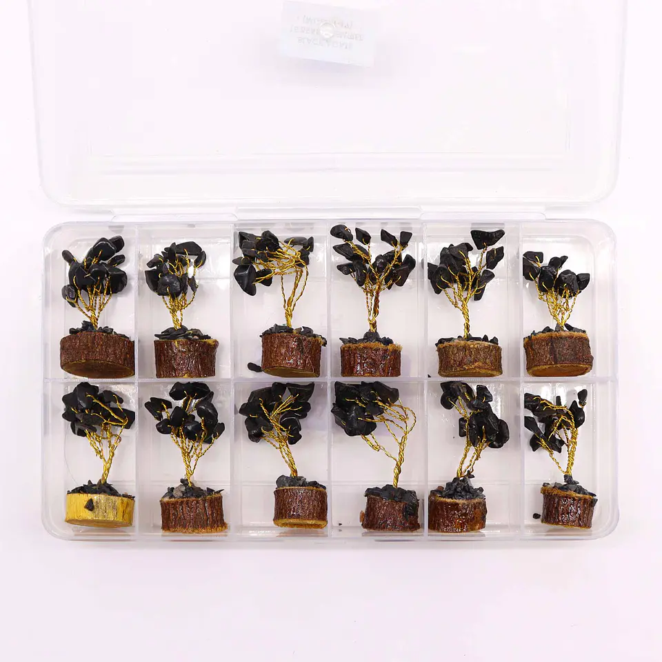 Mini Árvore de Pedras Preciosas em Base de Madeira - Ágata Negra (15 Pedras) 2