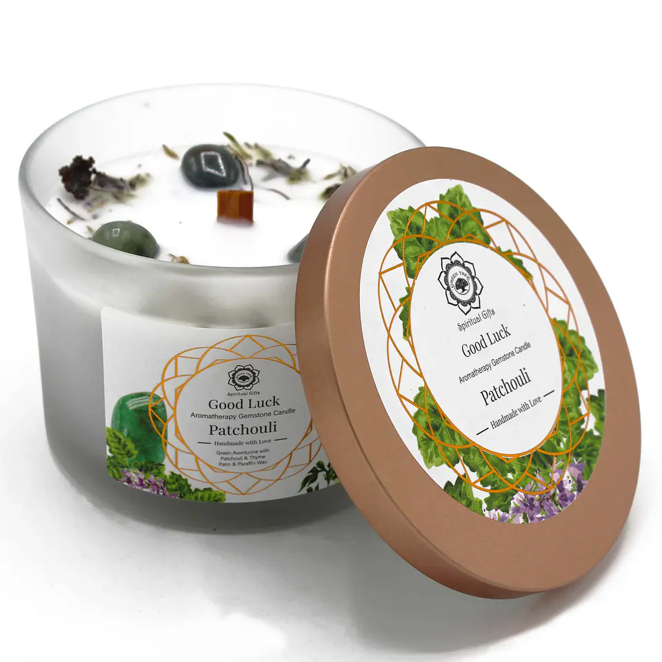 Vela Perfumada com Patchouli e Aventurina Verde - Sorte 1