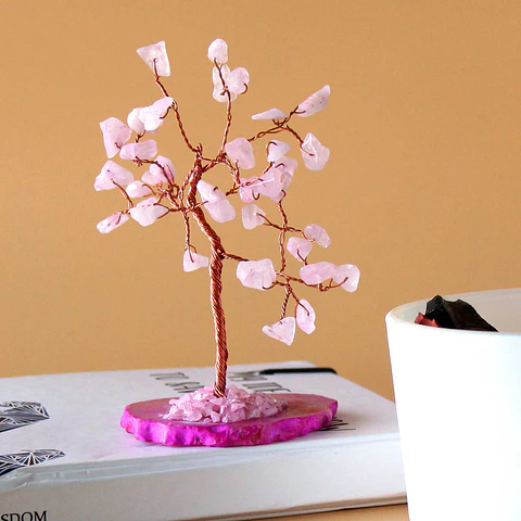Árvore Decorativa com Quartzo Rosa Natural sobre Base de Ágata Rosa – 35 Pedras