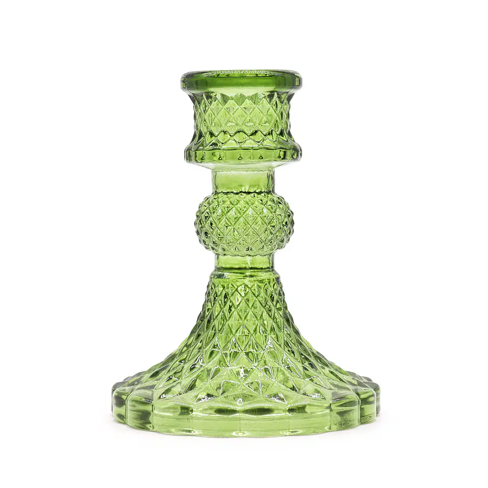 Castiçal de Jantar Vintage em Vidro Prensado Verde Oliva 1