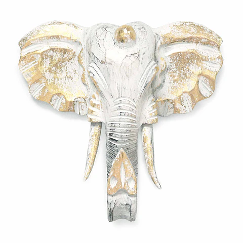 Cabeça de Elefante Madeira Albasia - Dourado e Branco Envelhecido