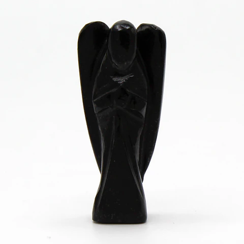 Anjo Esculpido em Ágata Preta Natural – Escultura Manual em Pedra Maciça