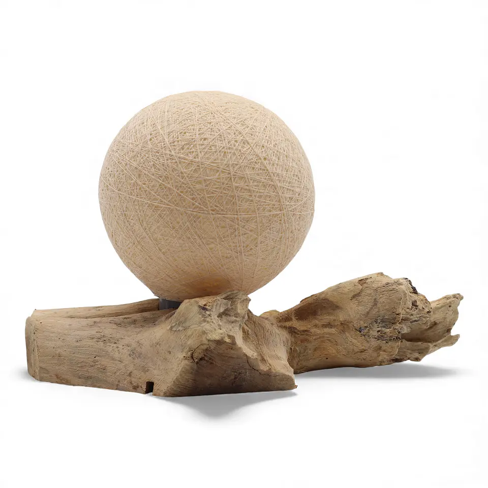 Candeeiro Escultural em Madeira Flutuante com Esfera Têxtil Difusora – Creme Natural 2